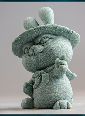 青砂石鱼缸假山造景中式战斗兔家居办公创意精品国潮桌面茶宠摆件