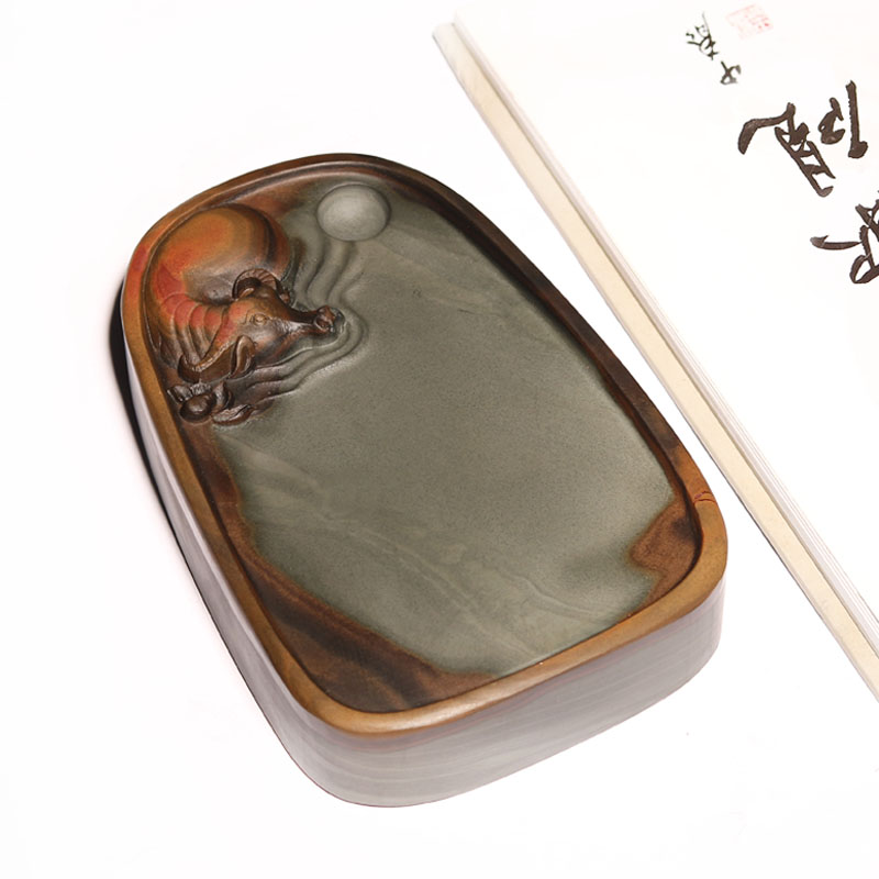 【荷塘牛趣】非遗安徽歙砚高档巧雕牛砚台天然原石金皮籽料实用大