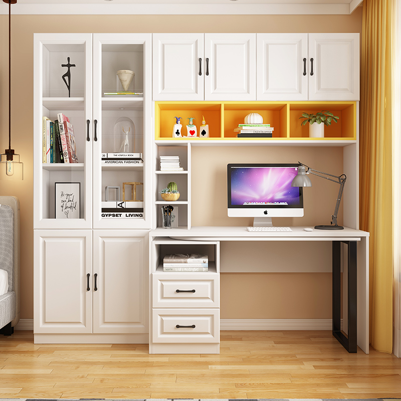 衣柜书柜书桌一体组合家用台式电脑桌实木色书架简约学习办公桌子