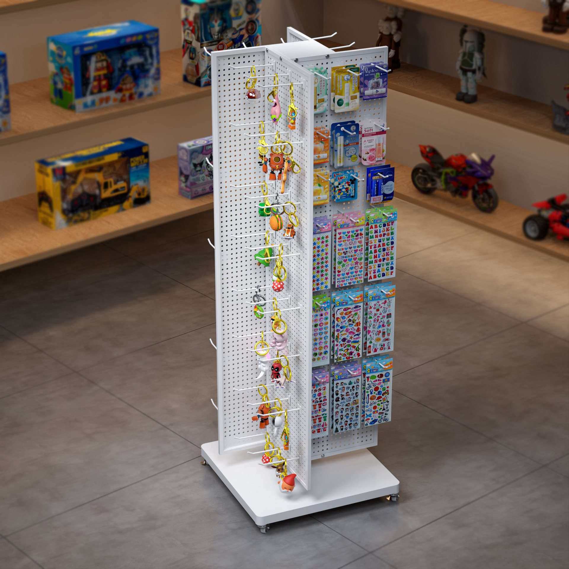 洞洞板超市小货架多层旋转展示架铁挂钩陈列架带轮移动色卡冰箱贴