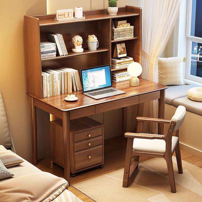实木电脑桌家用学生写字桌卧室书架书柜一体组合书桌简约办公桌子