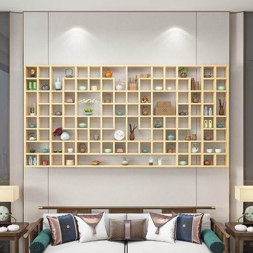 钉制实木格子架墙上置物架茶杯茶壶展示架创意多宝阁格子置物架