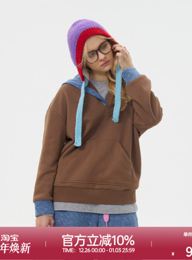 ROLLCALL25秋季新款咖色撞色套头连帽卫衣简约宽松通勤长袖上衣女
