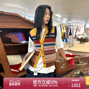 ROLLCALL25早秋新款费尔岛提花羊毛马甲条纹V领单排扣叠穿上衣