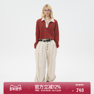 ROLLCALL25新款「古力娜扎」同款红色POLO领长T恤亨利领条纹上衣