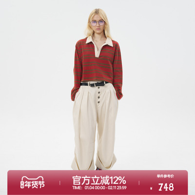 ROLLCALL25新款「古力娜扎」同款红色POLO领长T恤亨利领条纹上衣