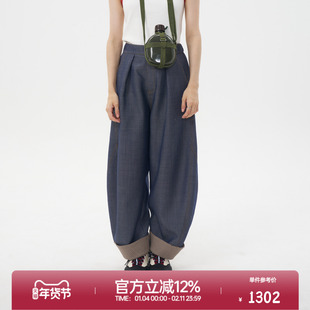 ROLLCALL25早秋新款羊毛格纹休闲裤蓝色自然腰宽松卷边哈伦裤女