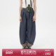 蓝色自然腰宽松卷边哈伦裤 ROLLCALL25早秋新款 羊毛格纹休闲裤 女