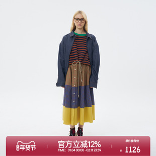 ROLLCALL25早秋新款牛仔拼接中腰半裙休闲宽松撞色中长A字裙女