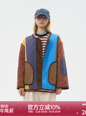 ROLLCALL25秋季新款咖色拼色羊毛纽扣外套宽松圆领直下摆长袖上衣