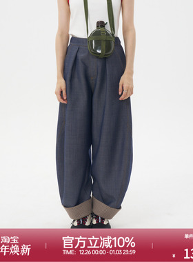 ROLLCALL25早秋新款羊毛格纹休闲裤蓝色自然腰宽松卷边哈伦裤女
