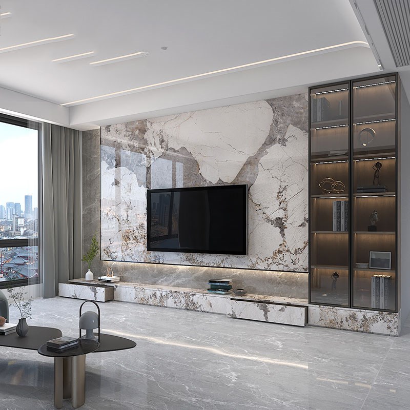岩板电视a背景墙客厅沙发2024新款大理石现代简约悬空影视墙木格