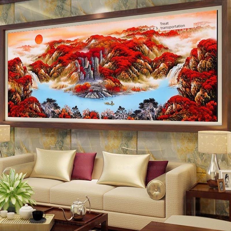 纯手工十字绣成品,好运,流水,财富,新景观,聚宝盆,画框装饰