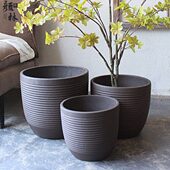 螺纹北欧花盆陶盆粗陶盆紫砂材质咖啡色花盆小号中号盆简约素色盆