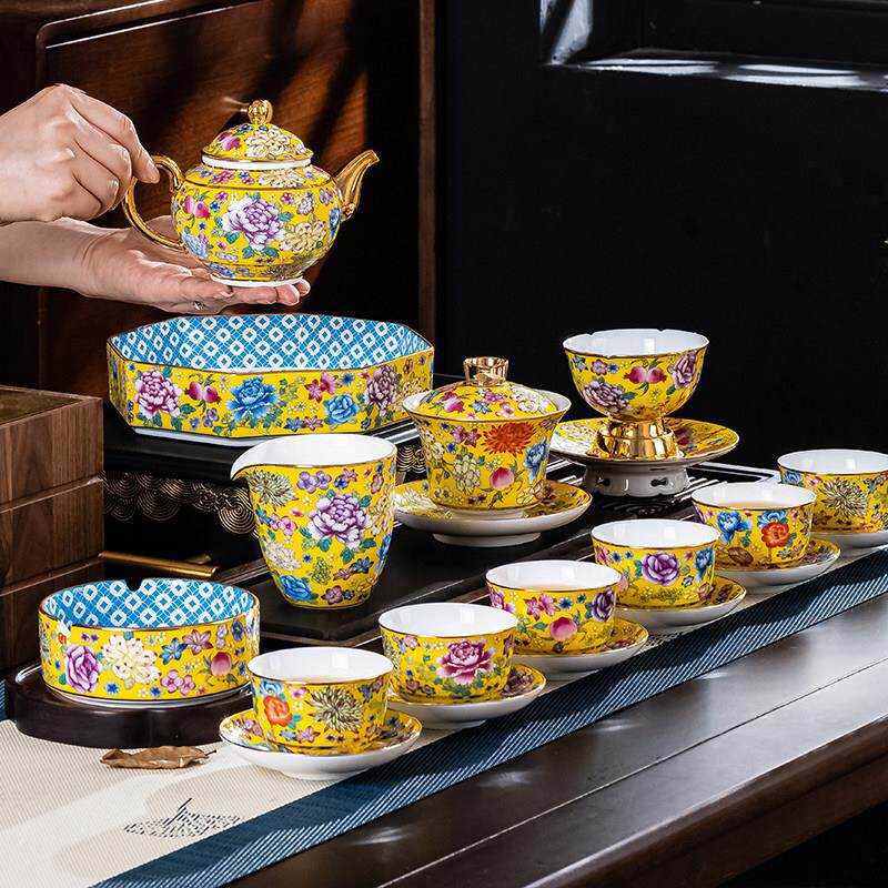 描金珐瑯彩万泡茶茶具套组家用礼盒功夫茶盘盖碗茶杯茶壶陶瓷茶具