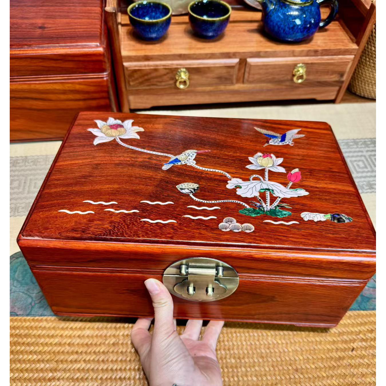 缅甸花梨木收纳盒实木榫卯首饰盒中式桌面红木珠宝项炼手表印章盒