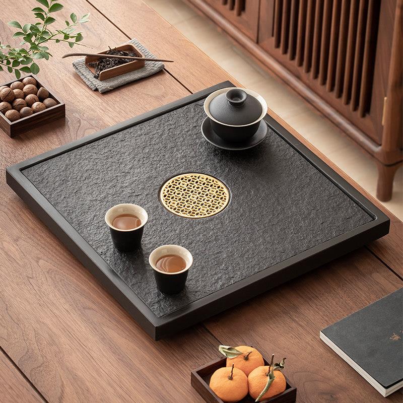 天然乌金石茶盘家用整块石头小茶台简约方形干泡茶海功夫茶具托盘