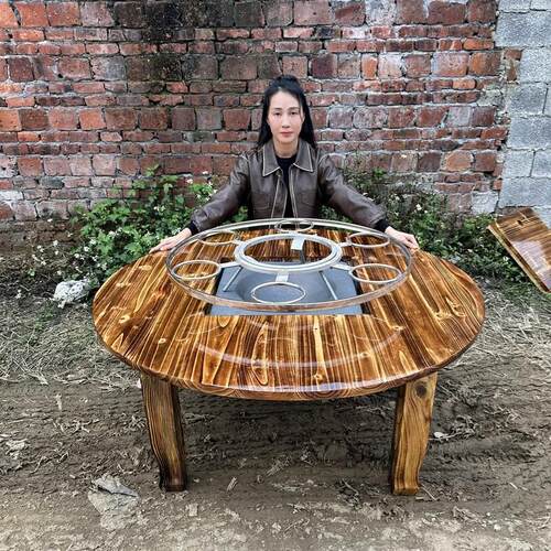 地摊火锅桌圆形实木炭盆桌农庄饭馆餐桌农村家用旋转转盘火锅桌子