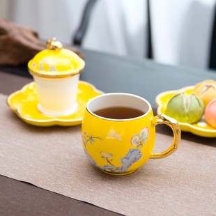 高淳陶瓷茶杯茶具水杯客厅家用下午茶手工描金滤茶盖杯礼品盒装