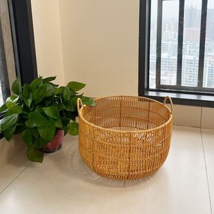 日式 浅色镂空脏衣篓纯手工仿藤编收纳筐 简约家用储物收纳脏衣篮
