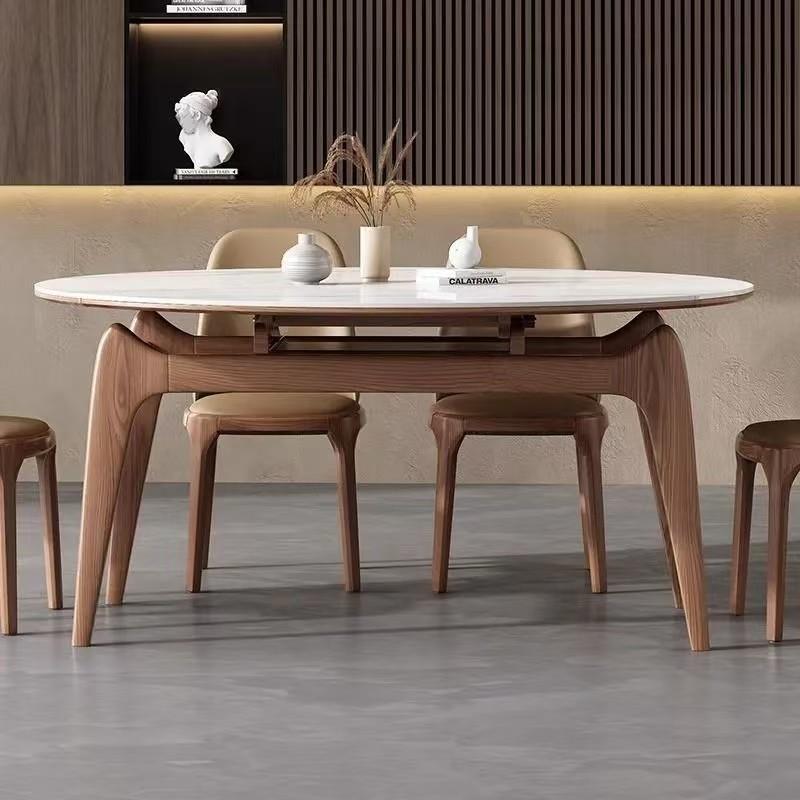 北欧简约岩板伸缩折叠实木餐桌椅组合家用原木风方变圆网红桌子