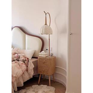 法式原木风卧室置物架床头柜落地灯简约现代客厅沙发边几一体台灯