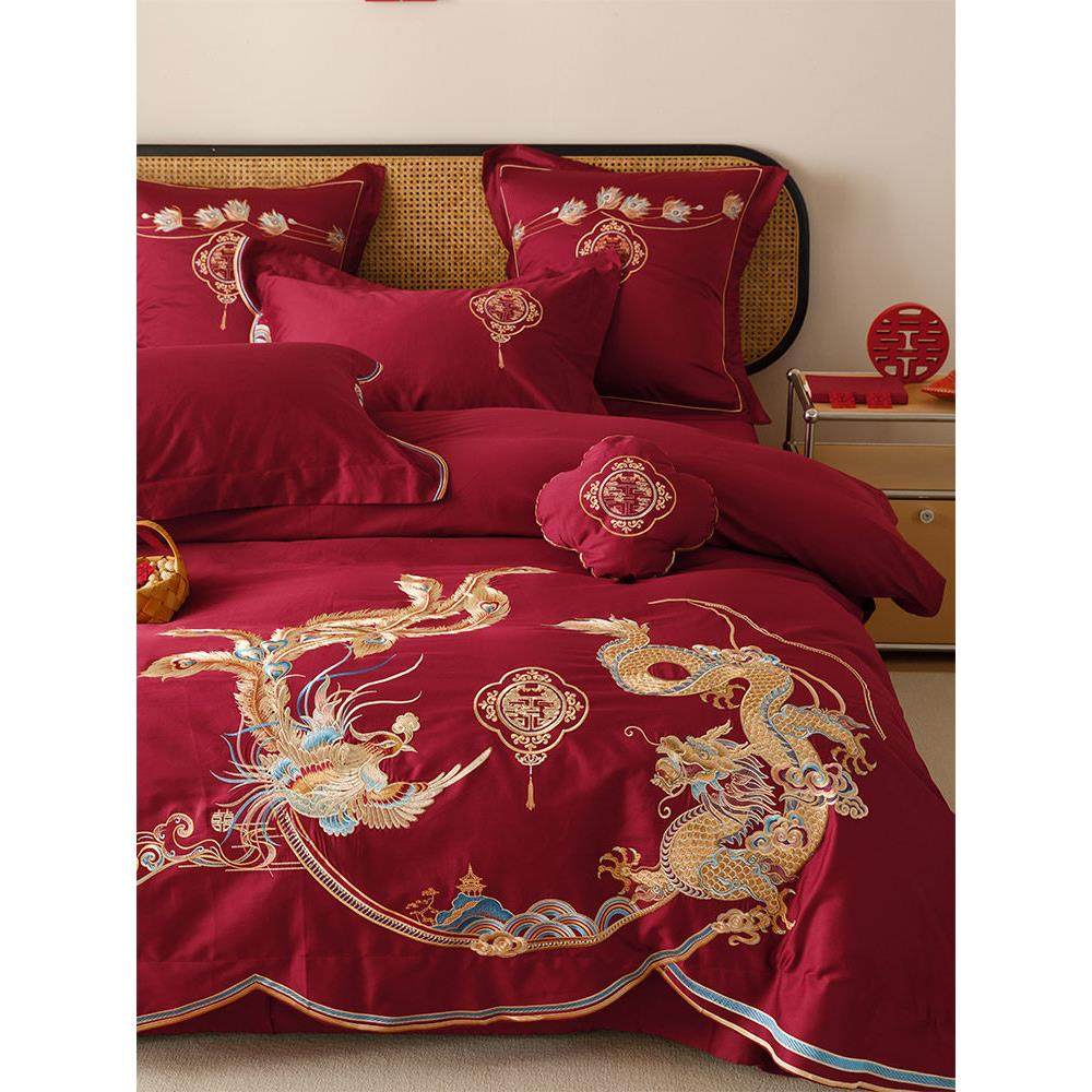 恒洽家纺中式婚庆全棉床单四件套100支双股澳棉结婚被套床上用品