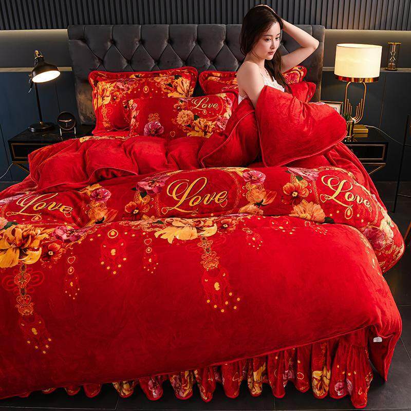 冬季红色牛奶绒四件套珊瑚绒被套床单加绒加厚双面绒法兰绒防静电