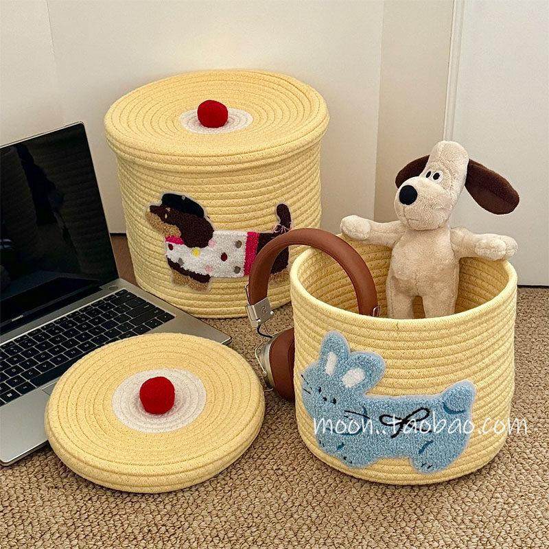 桌面创意兔子编织储物篮家用防尘盖零食杂项储物篮大容量棉线篮