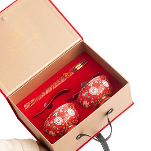 陶瓷喜碗结婚喜事碗筷陪嫁用品 珐琅彩盖碗婚庆红色敬茶杯婚碗套装