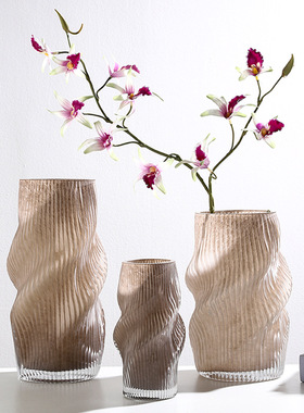 侘寂风螺旋条纹琉璃棕色花瓶直筒大口径民宿摆件仿真花水培插花器