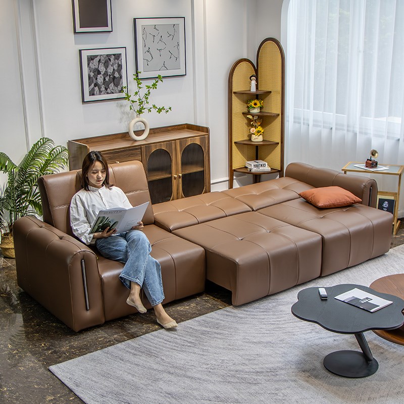 中古风高端电动沙发床2024新款伸缩可调节意式极简真皮沙发零靠墙
