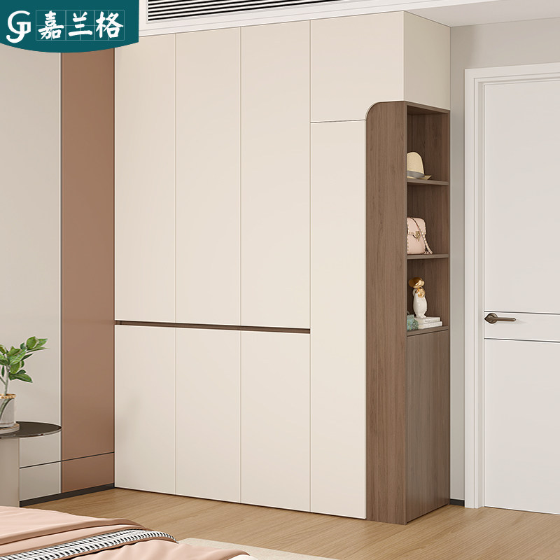 奶油风分段式免拉手衣柜家用卧室一体靠墙衣橱衣帽间到顶衣柜定制