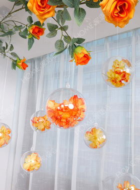 橙色玫瑰装饰花藤吊球仿真花商场天花布置珠宝店橱窗岛台吊顶挂饰