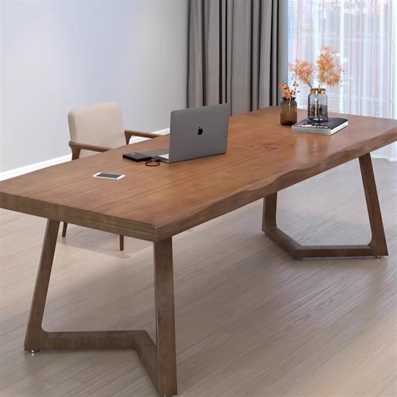 简约学习桌办公泡茶桌实木长条客厅书桌餐书桌一体原木风自然边
