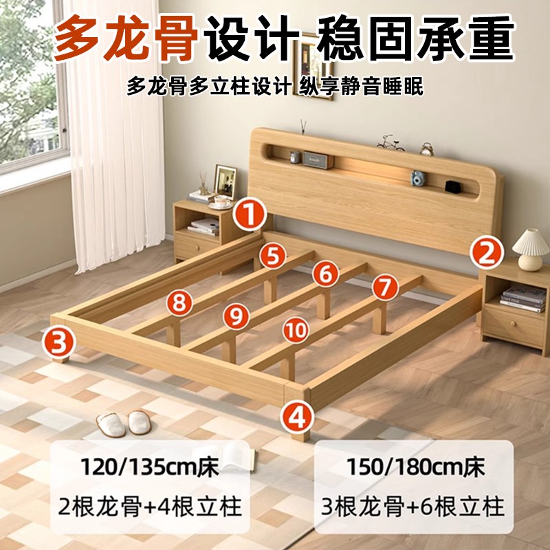 实木床现代简约1.5米家用双人床1.8经济型出租房用1米2单人床架