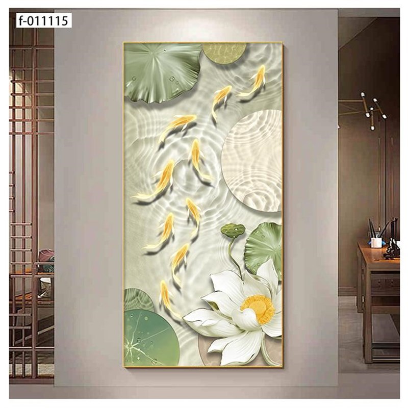 玄关荷花九鱼图装饰画新中式简约现代入户门竖版高级感落地画挂画图片