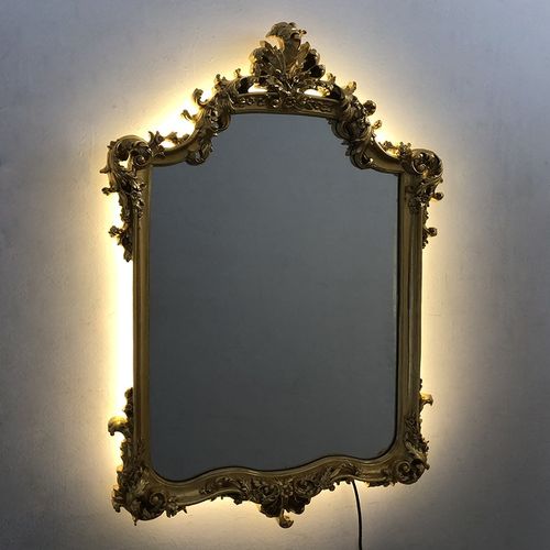 欧镜家居法式复古雕花背光灯镜金色玄关镜壁炉装饰镜欧式壁挂镜子