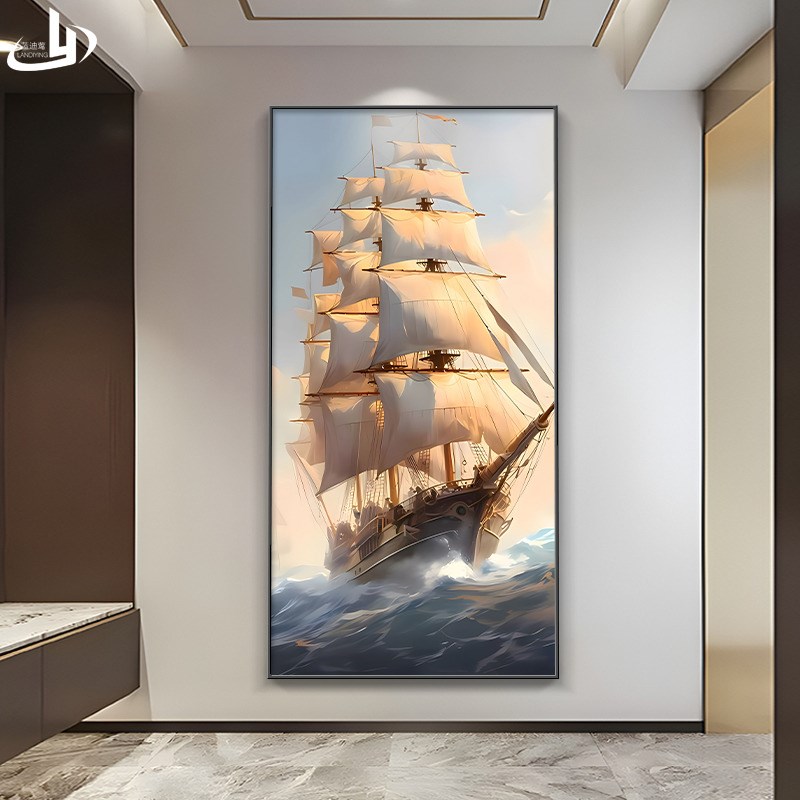 入户门玄关装饰画帆船过道走廊尽头带灯挂画一帆风顺楼梯发光壁画