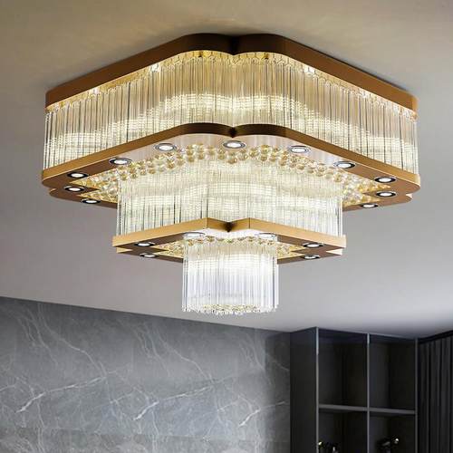 酒店大堂方块水晶吊灯客厅轻奢宴会饭厅包厢间灯带射灯的吊灯高端