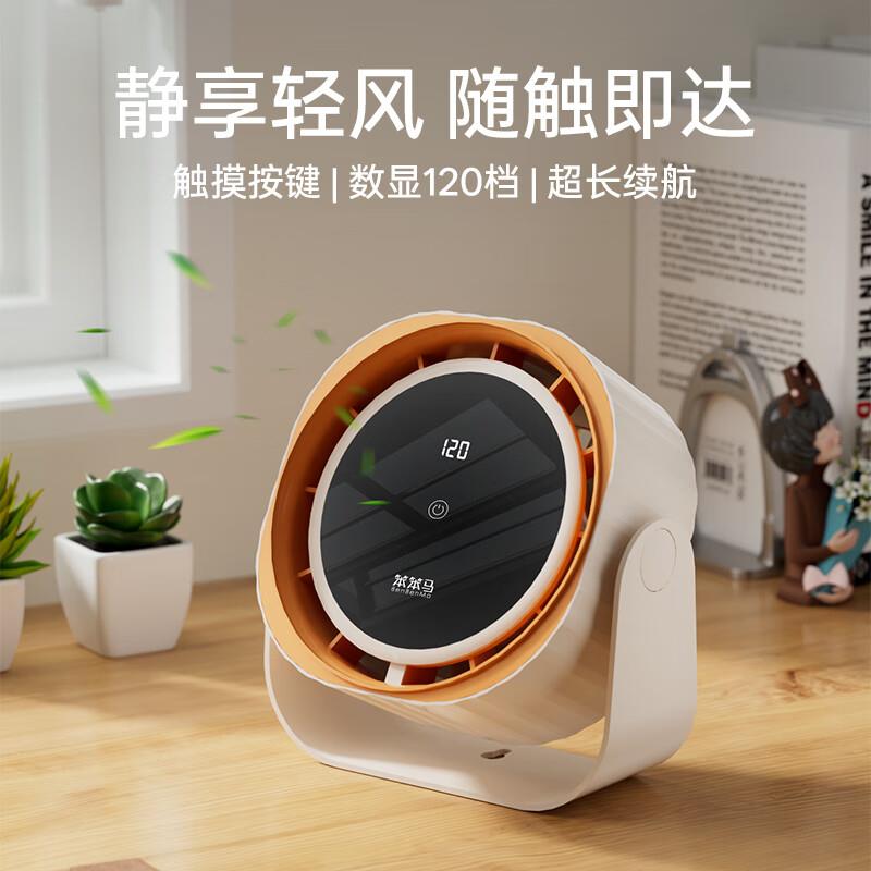 笨笨马BF13橙风轻语桌面风扇3600mAh静音扇无刷马达120档可立可挂