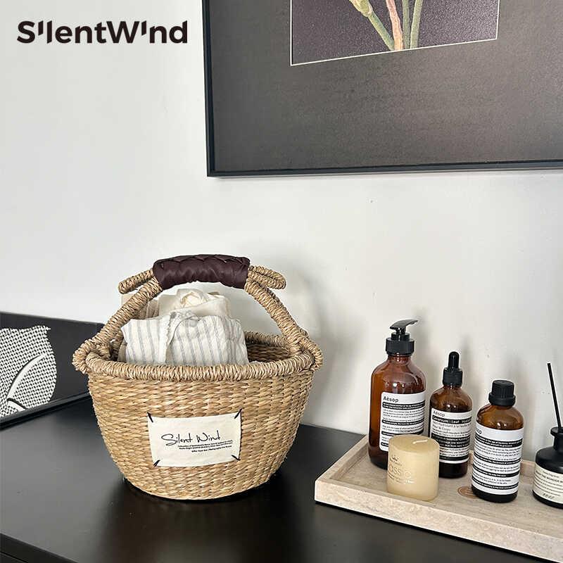 SilentWind 手工编织收纳筐家用水果杂物手提买菜篮子野餐果蔬篮