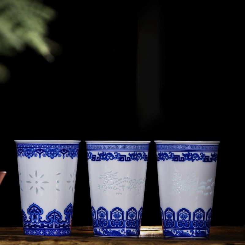 景德镇陶瓷茶杯青花瓷办公会议水杯子家用带盖泡茶可乐杯玲珑瓷
