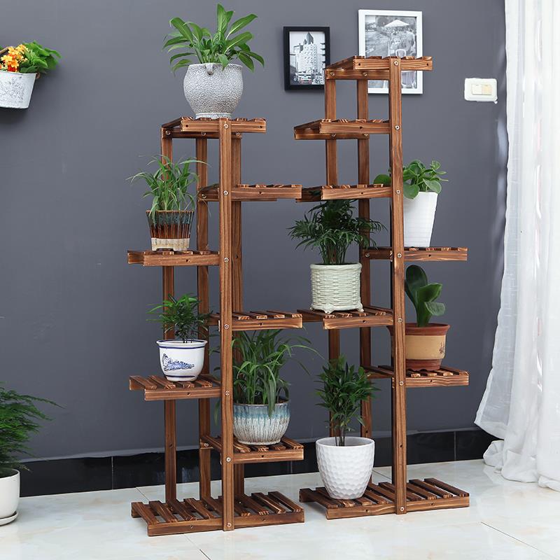 防腐木花架子阳台室内外多层实木阶梯多功能置物架铁艺花店展示架