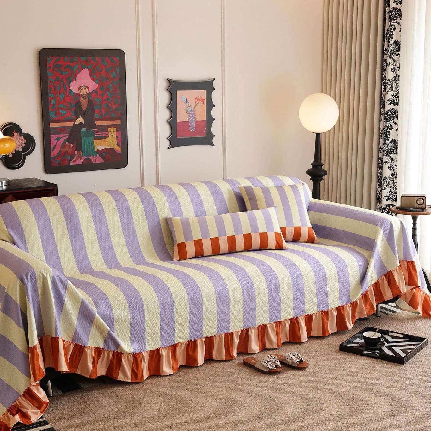 孟菲斯风全包沙发巾多巴胺条纹客厅家用防尘套罩全盖式简约盖布巾,居家布艺,沙发套,淘宝优惠券,粉丝福利购,淘宝优惠卷