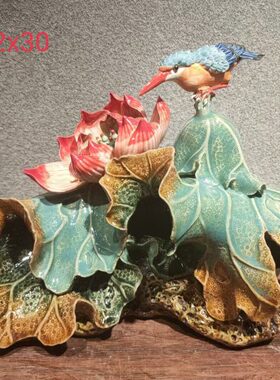 荷花翠鸟和和美美手工摆件石湾陶瓷公仔中式客厅玄关装饰品桌面