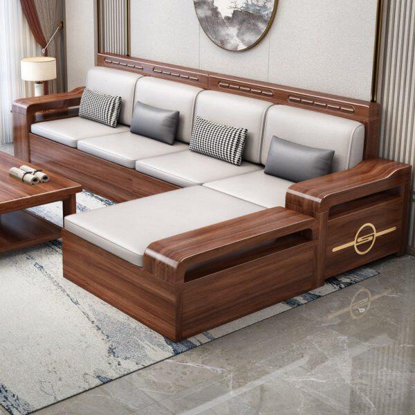 胡桃木实木沙发组合现代中式客厅冬夏两用雕花储物贵妃转角木沙发