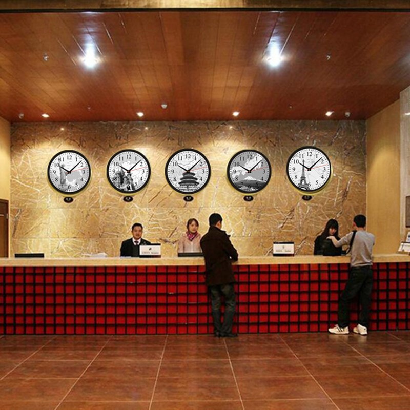 酒店宾馆旅社大堂前台世界地名时区欧式复古挂钟静音现代简约钟表