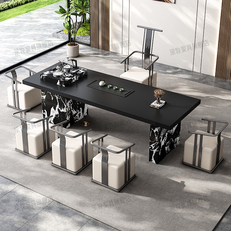 2025新款高端岩板茶桌椅组合一桌五椅烧水壶一体嵌入式办公室茶台