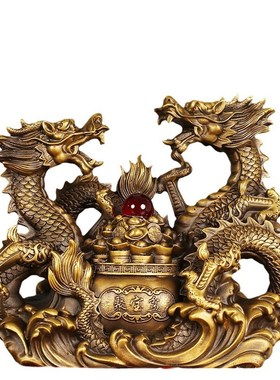 铜龙摆件招财青龙工艺品办公室桌面龙腾四海双龙戏珠中式玄关大号